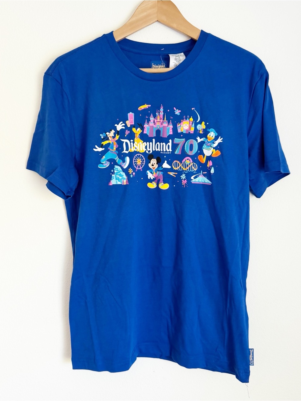 Disneyland 70th Anniversary Mickey Friends Park Ride Icon Blue Tshirt NWT New L
